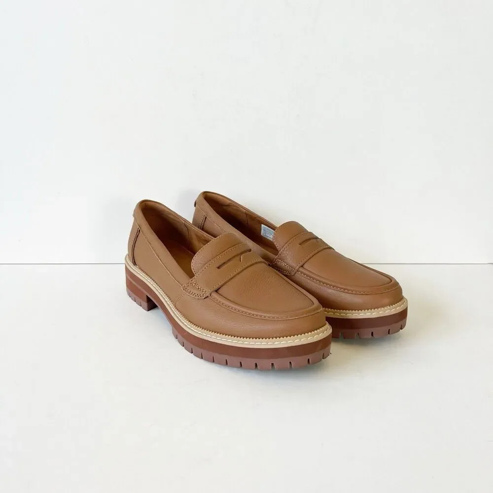 TOMS Cara Slip On Lug Platform Penny Loafers Flats Leather Camel Brown Size 9.5 - Picture 2 of 14